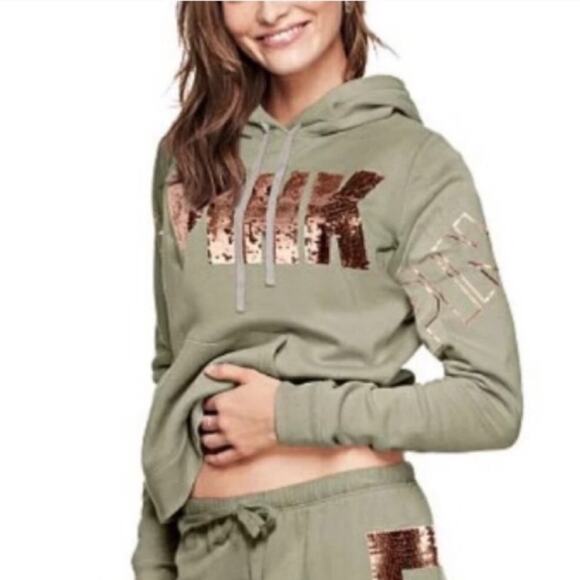 Victoria’s Secret PINK olive green sequin hoodie xsmall - Picture 1 of 3
